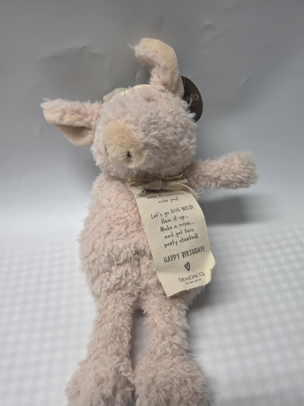 Demdaco Pink Plush Pig Stuffed Animal with Ribbon - Cute Soft Home Accent